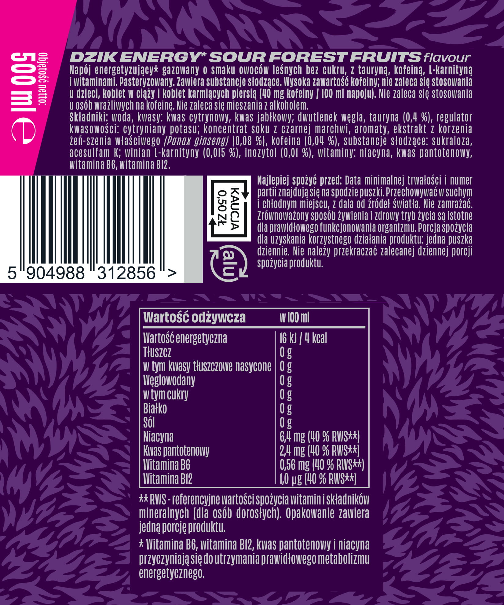 Energetyk Dzik napój energetyczny Sour Forest Fruits zero cukru 500ml - obrazek 2
