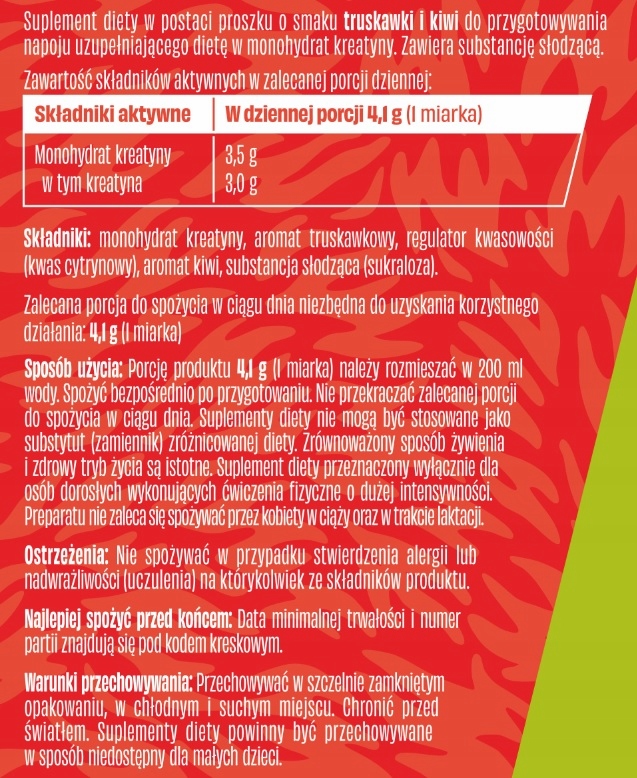WK DZIK Monohydrat Kreatyny o smaku TRUSKAWKA-KIWI - proszek 369g 90 porcji - obrazek 2
