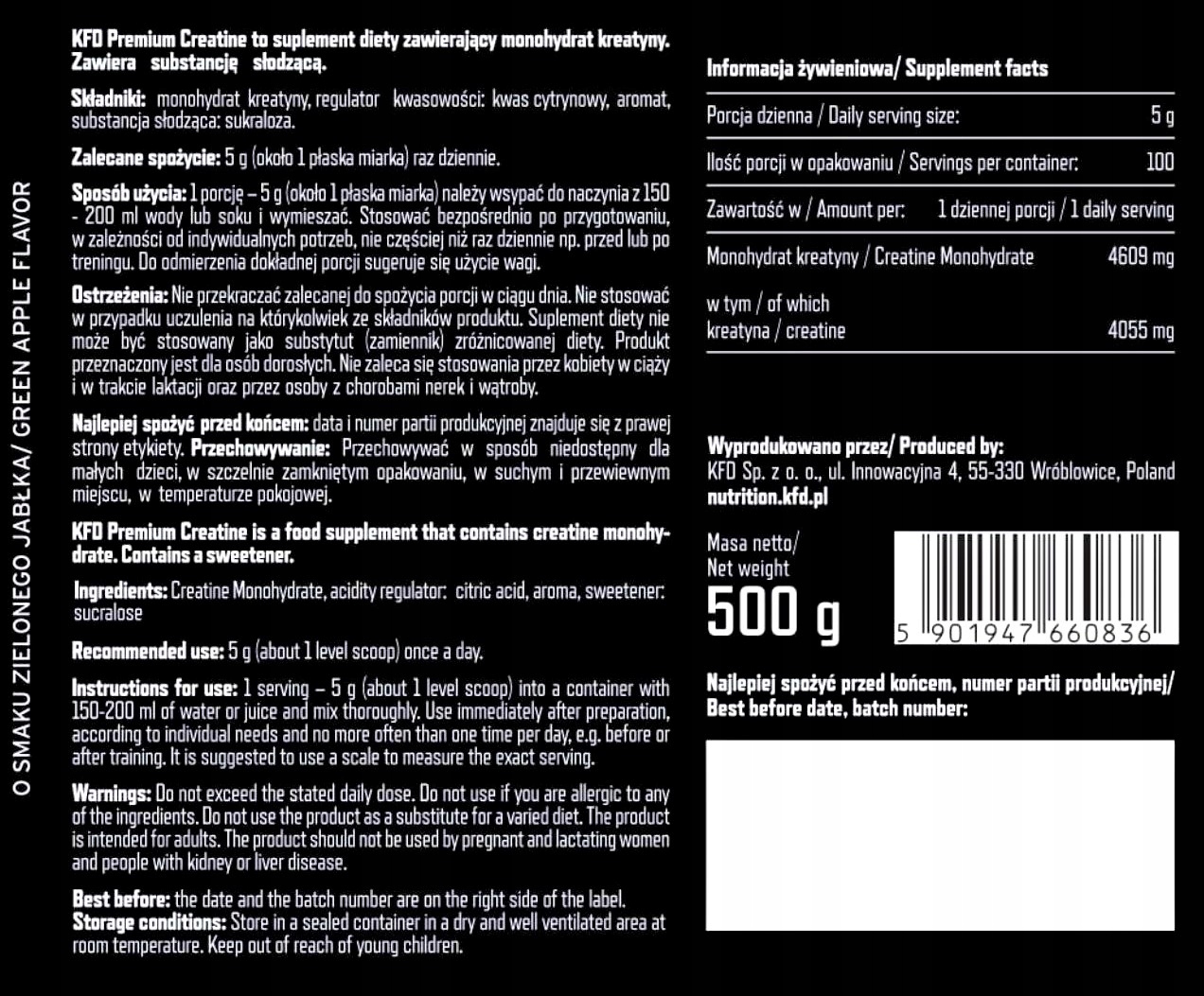 Kreatyna monohydrat KFD proszek o smaku lemoniady 500 g - obrazek 4