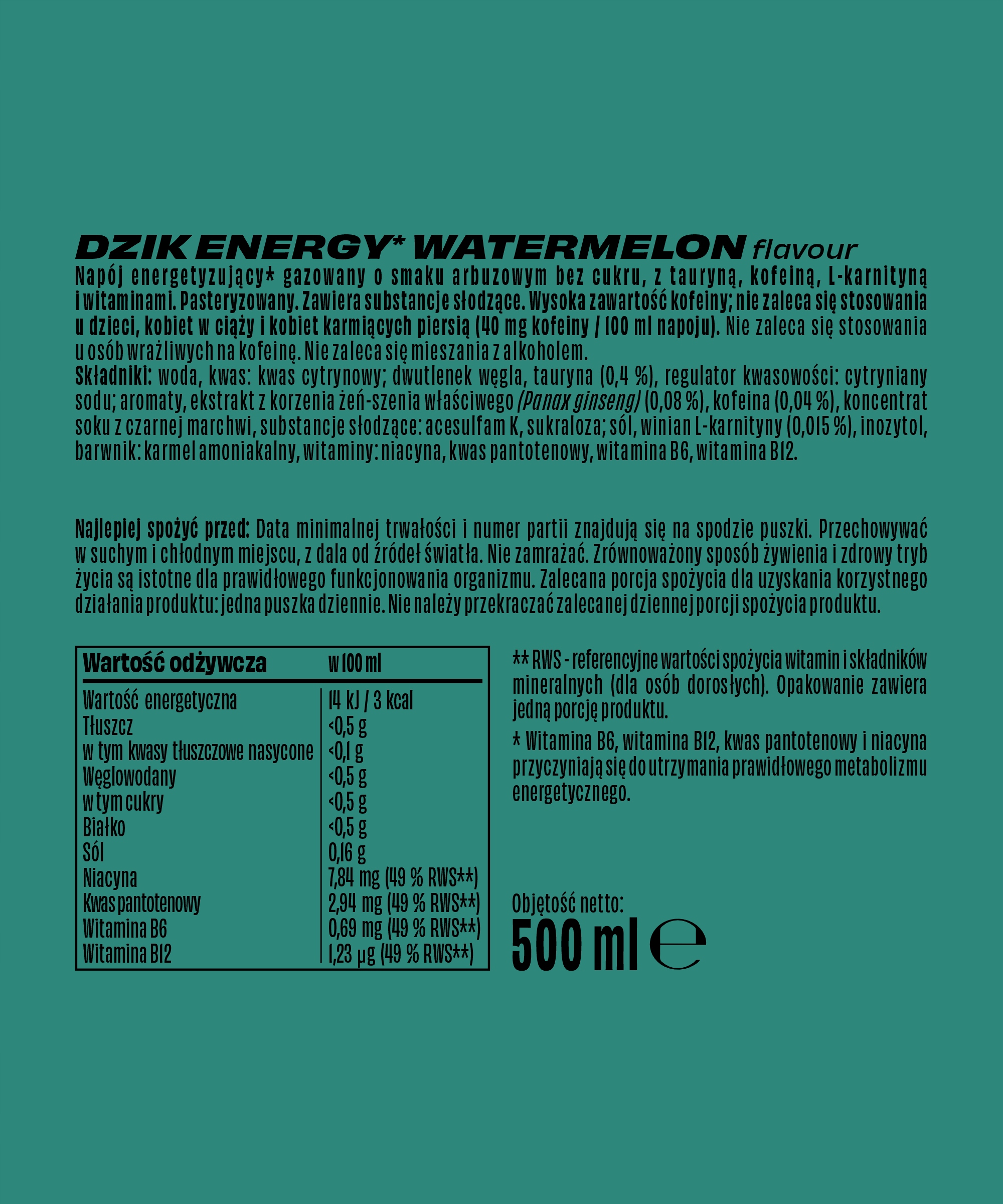 Napój energetyczny Energetyk WKDZIK ENERGY Drink ARBUZ 0kcal WK DZIK 500ml - obrazek 2
