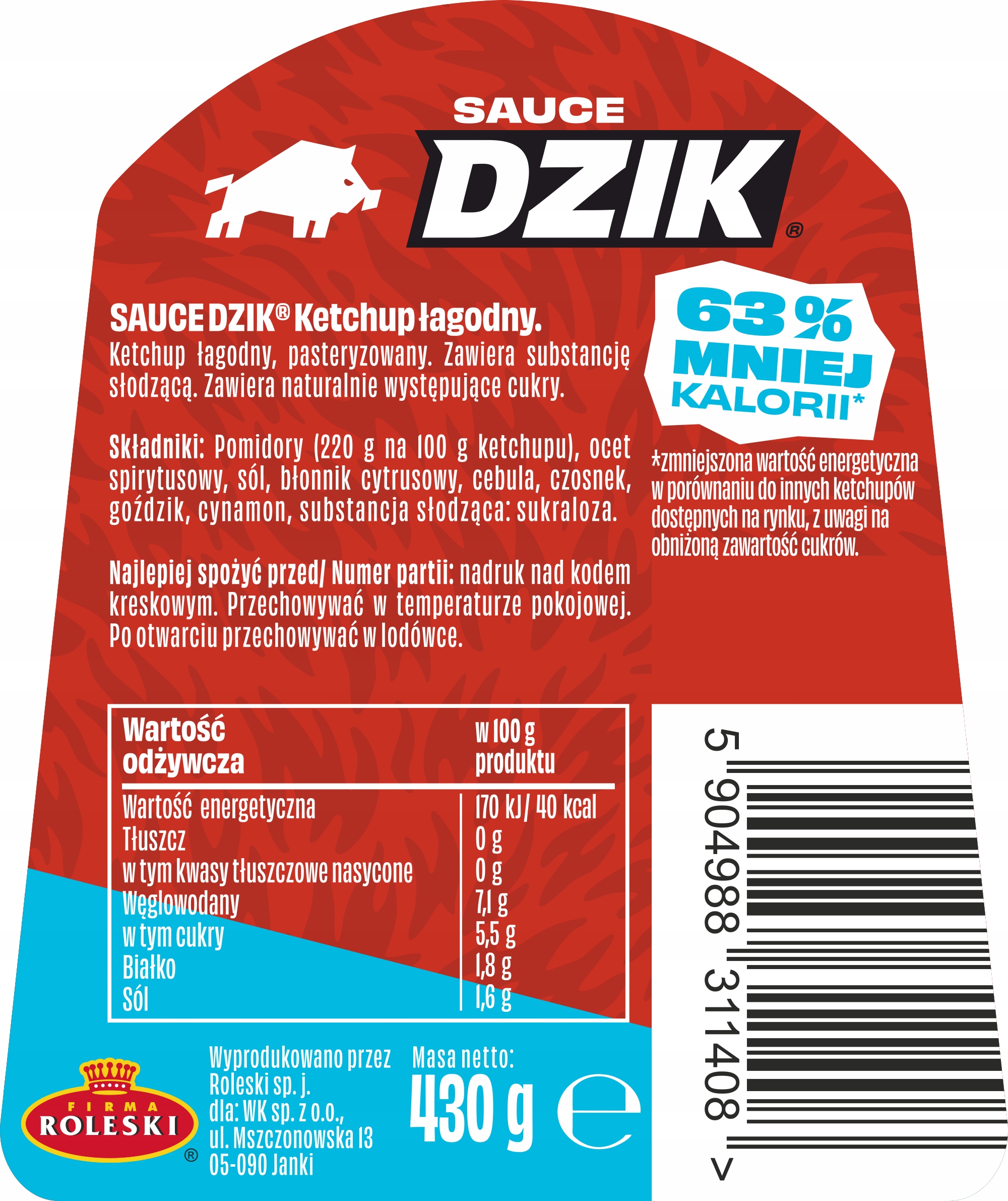 Sos ketchup WK Dzik łagodny 430 ml zero cukru - obrazek 2