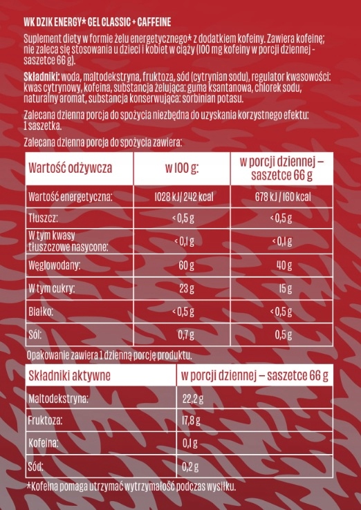 Żel energetyczny DZIK CLASSIC + CAFFEINE 66g 160kcal - WK DZIK ENERGY GEL - obrazek 3