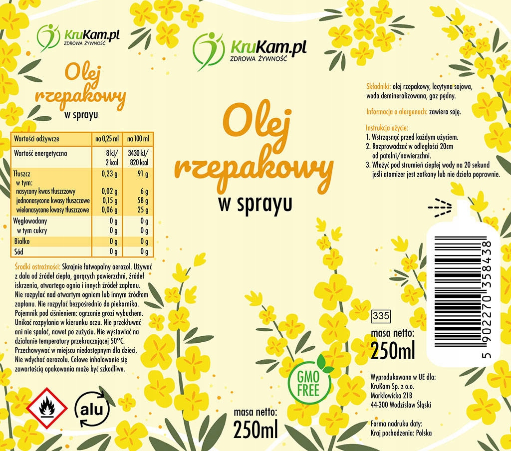 Olej rzepakowy rafinowany Olej rzepakowy w sprayu 250ml - KRUKAM - obrazek 2