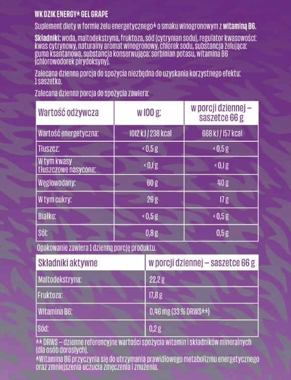 Żel energetyczny DZIK WINOGRONOWY 66g 158kcal - WK DZIK ENERGY GEL GRAPE - obrazek 4