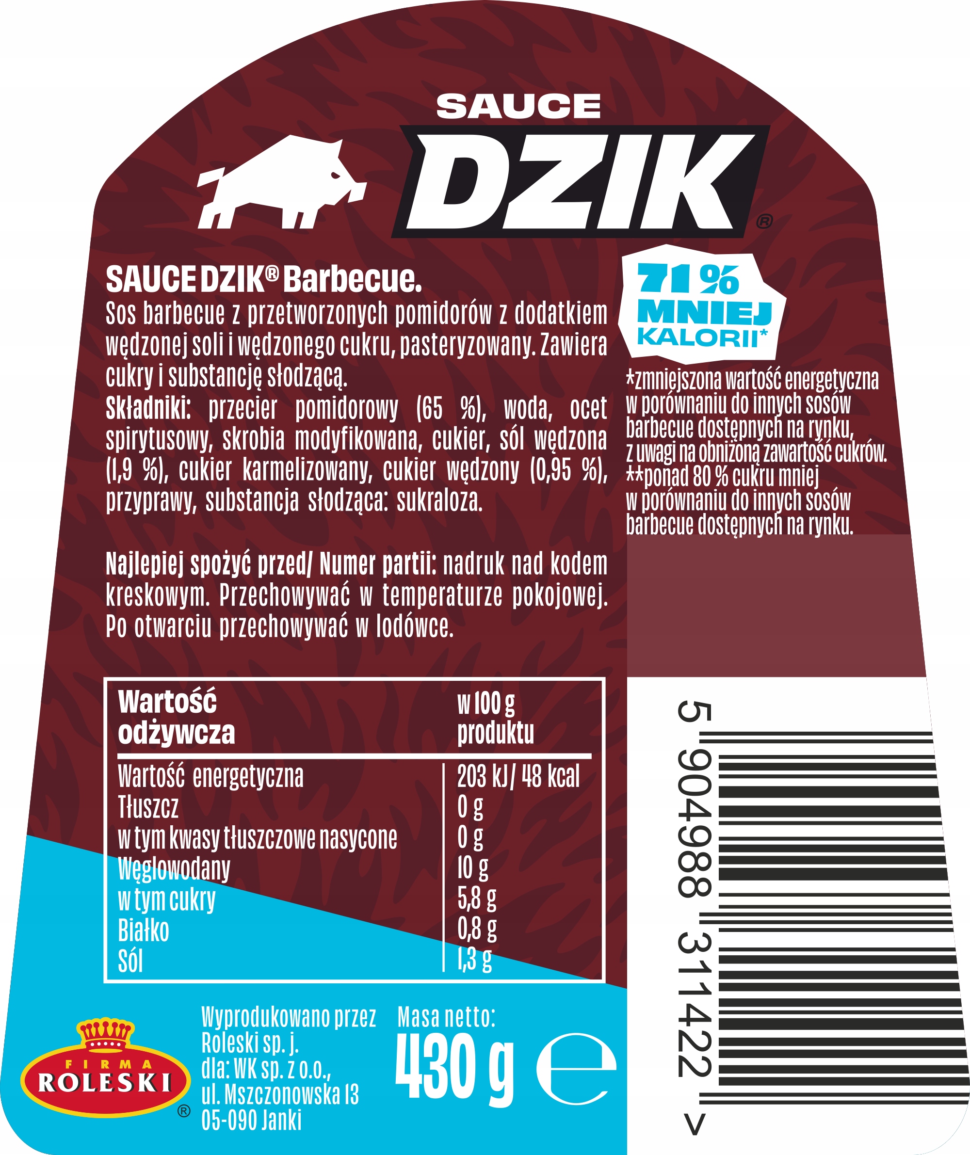 WK Dzik sos barbecue do mięs BBQ zero cukru WKDZIK 430 ml - obrazek 2